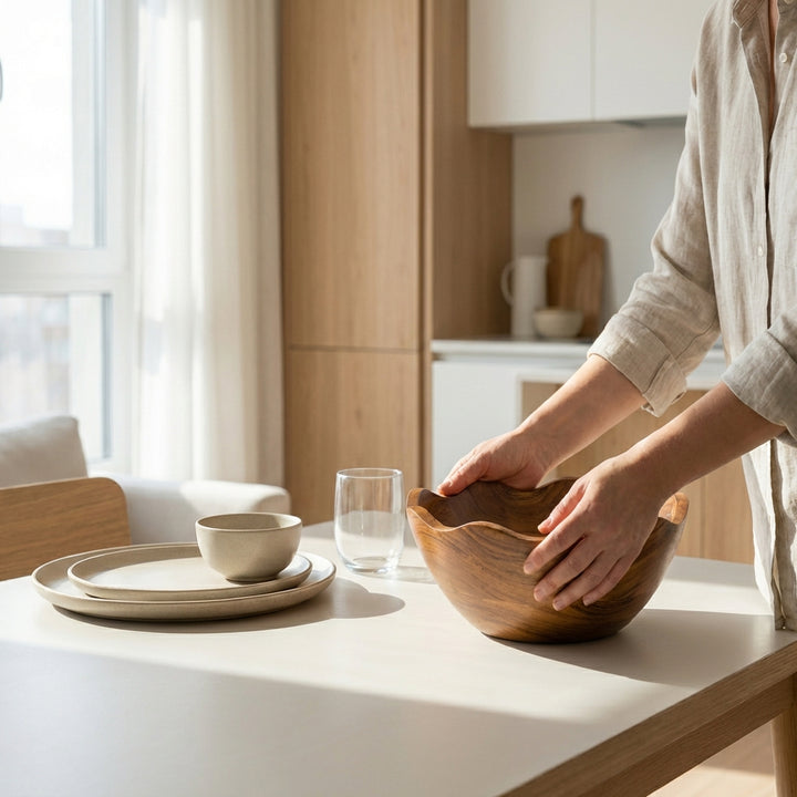 Acacia wood scalloped serving bowl with natural finish