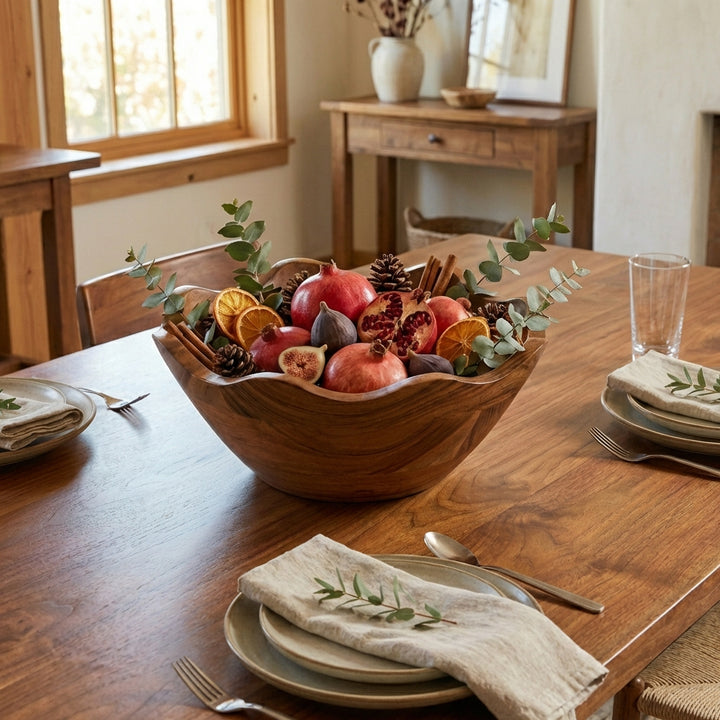 Deep-grained acacia wood bowl featuring unique natural swirls and a decorative scalloped rim.