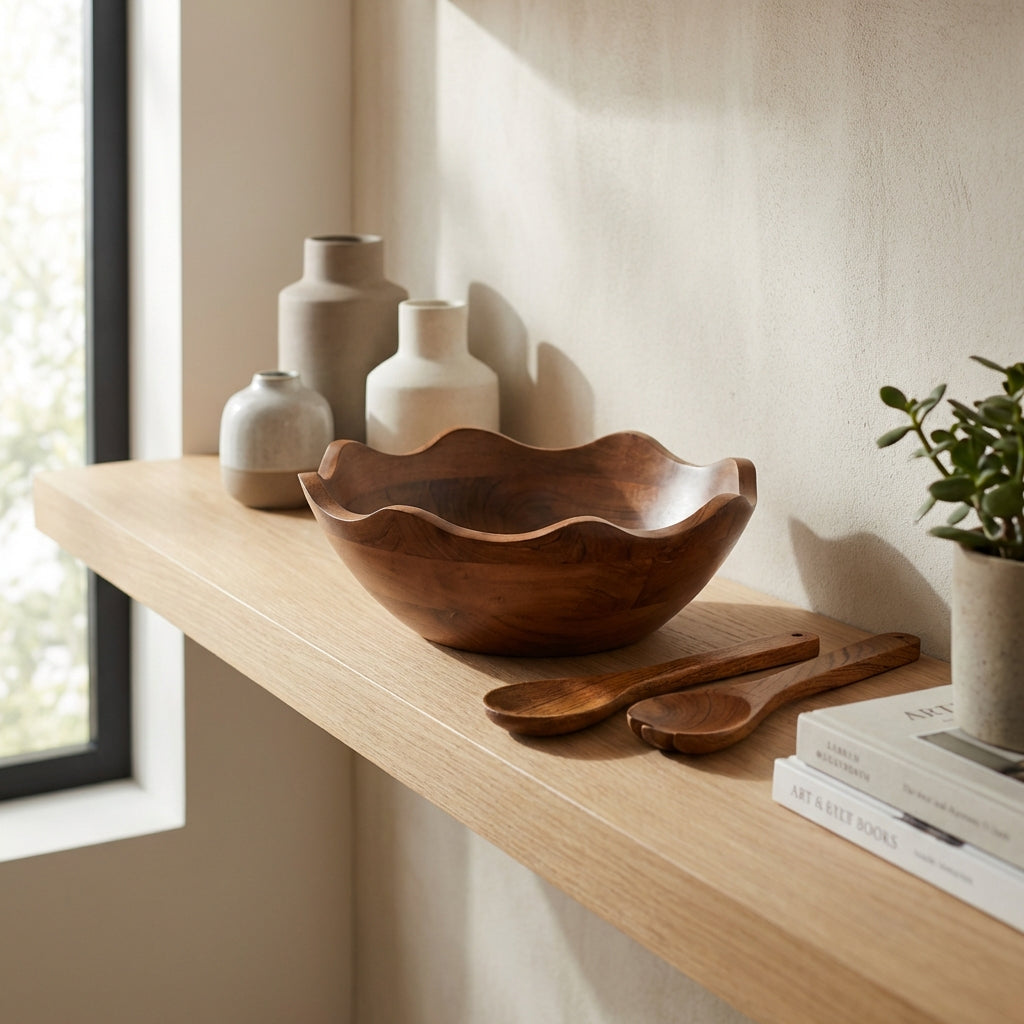Acacia Wood Large Scalloped Bowl with Servers