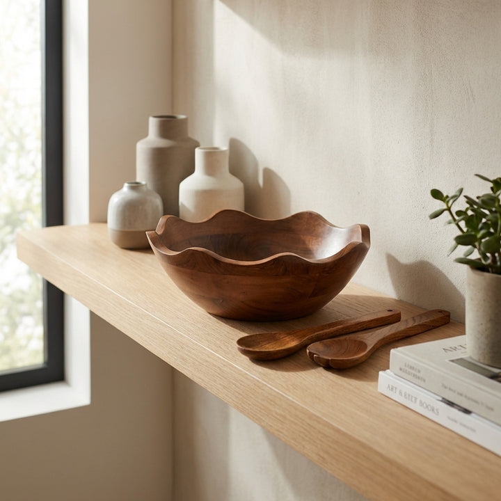 Acacia Wood Large Scalloped Bowl with Servers