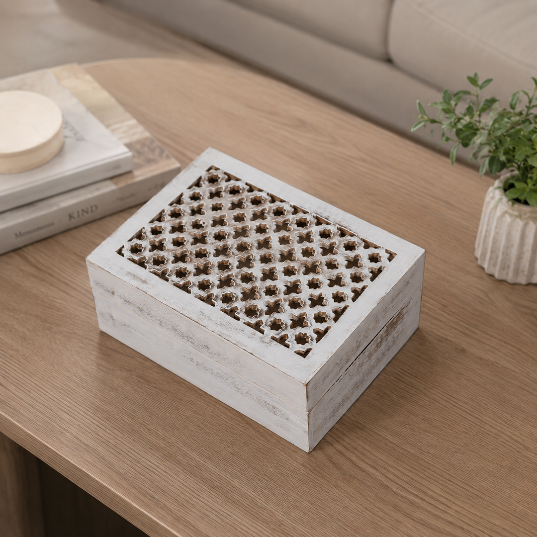 Trellis Mango Wood Box – Distressed White Finish