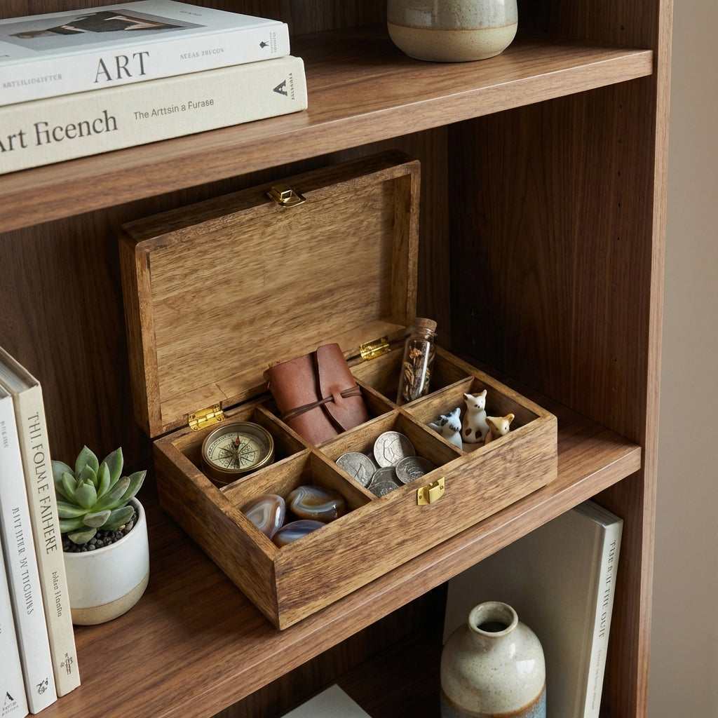 handcrafted mango wood memory box with six partitions styled on dresser with jewelry