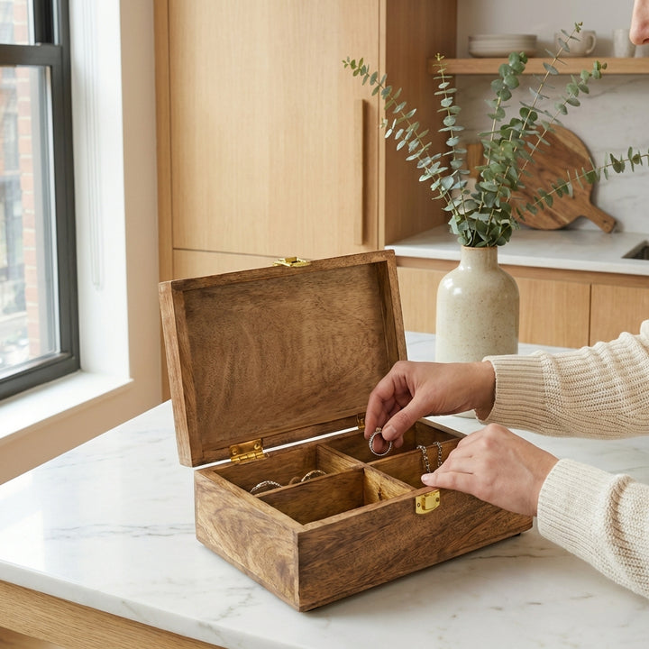 handcrafted mango wood memory box with four partitions styled on dresser with jewelry
