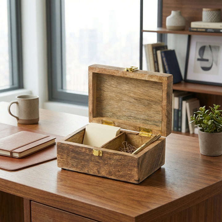handcrafted mango wood memory box with two partitions styled with stationary items