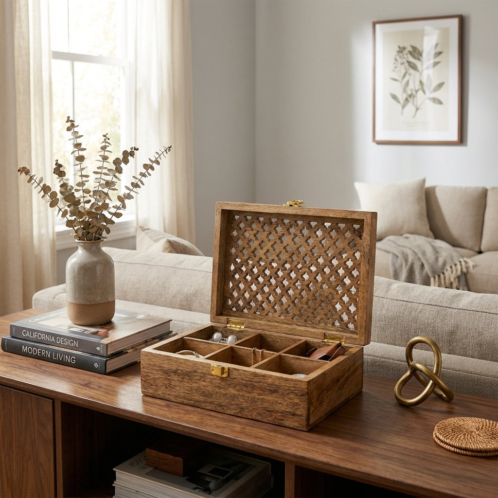 handcrafted mango wood trellis memory box with six partitions styled on dresser with jewelry and tea