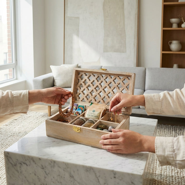 Mango Wood Trellis Keepsake Box with Compartments, Whitewash