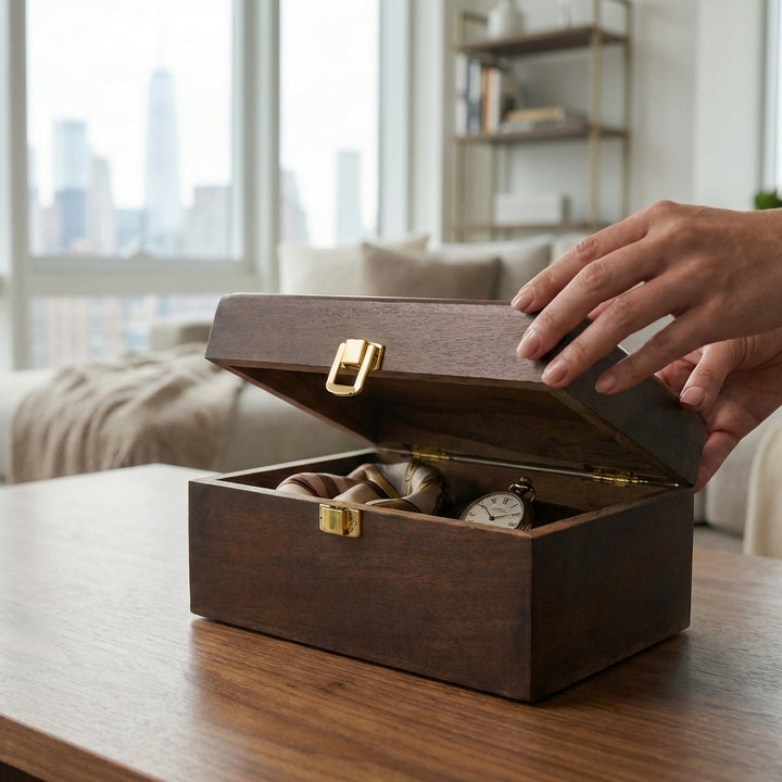 dark walnut acacia wood keepsake storage box styled on dresser with jewelry and accessorie