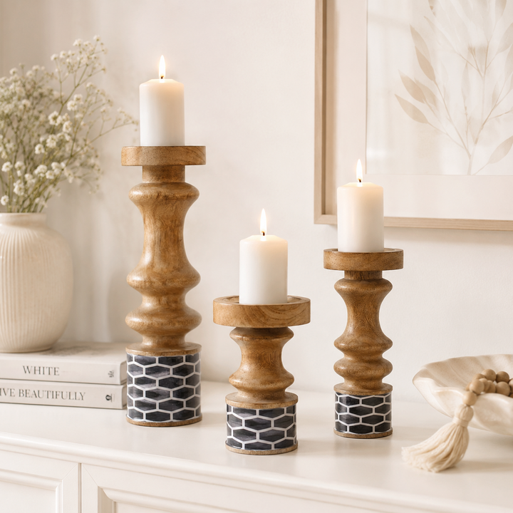 Gramercy Mango Wood Candleholders – Blue Set of 3