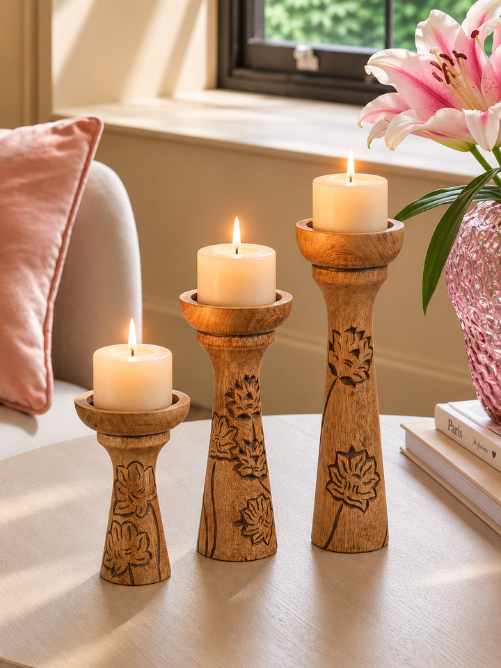 Floral Vine Mango Wood Candleholders – Natural Over Grey Set of 3