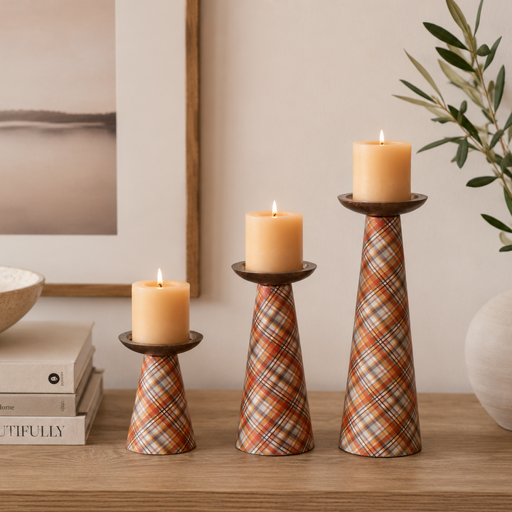 Plaid Metal Candleholders – Multicolored Set of 3