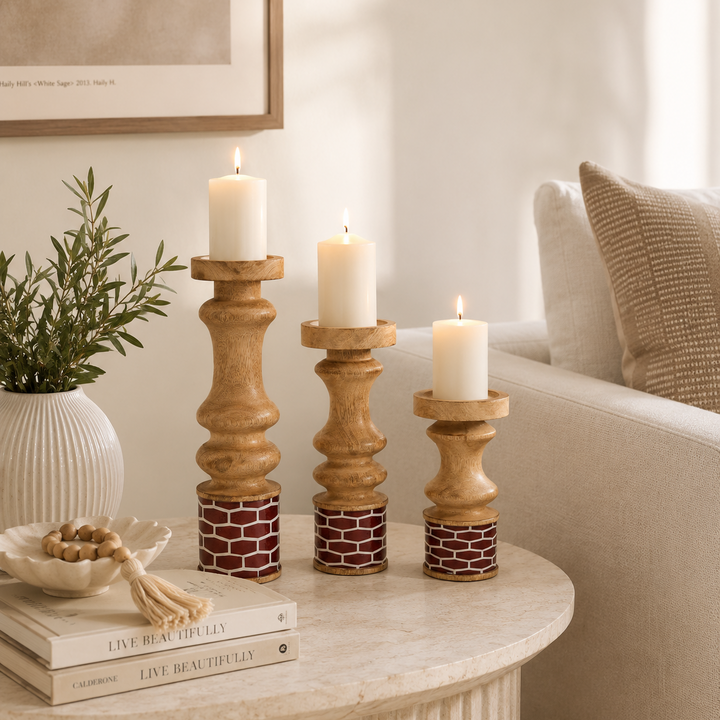 Gramercy Mango Wood Candleholders – Red Set of 3