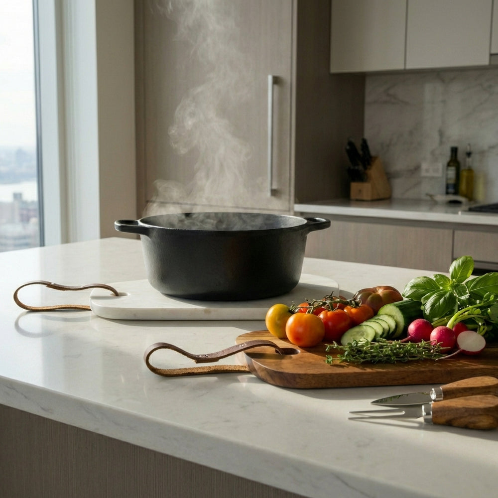 marble and acacia cutting boards styled with cheese and fruit on dining table