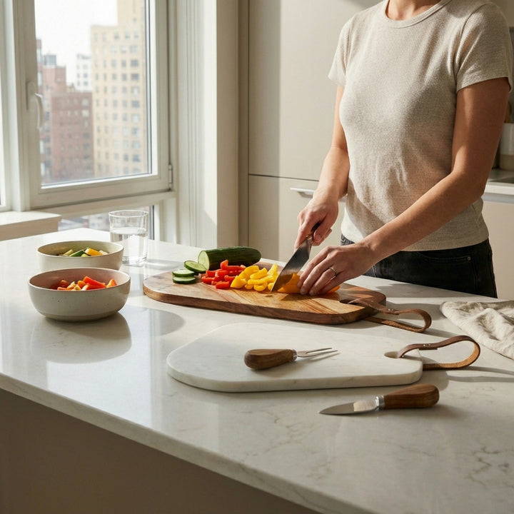 marble and acacia cutting boards styled with cheese and fruit on dining table