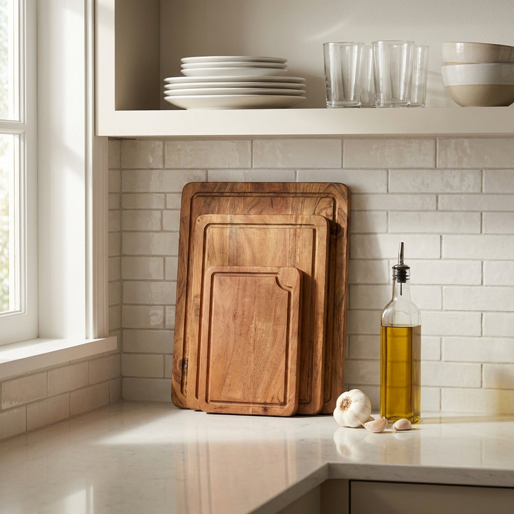 acacia wood cutting board set styled with bread cheese and fruit on kitchen counter