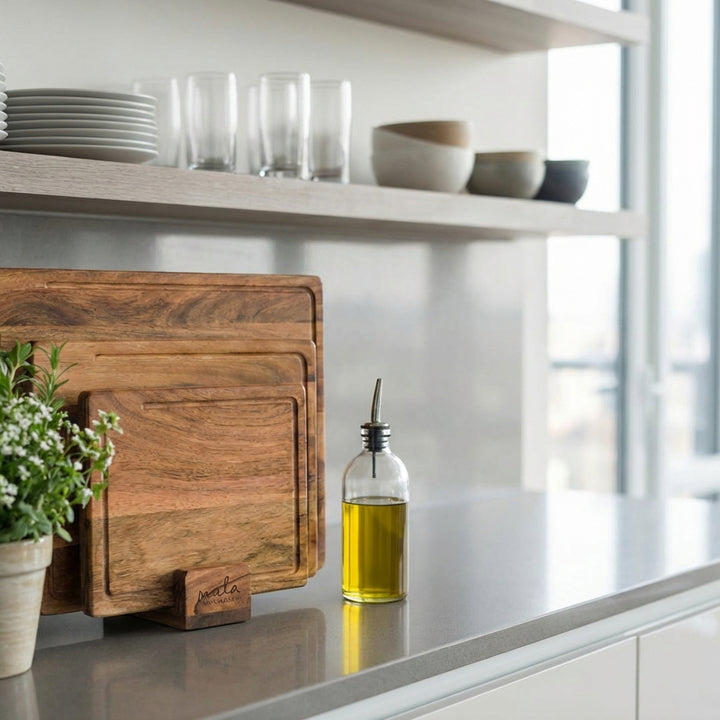 acacia wood cutting boards with stand styled with cheese and bread on kitchen counter