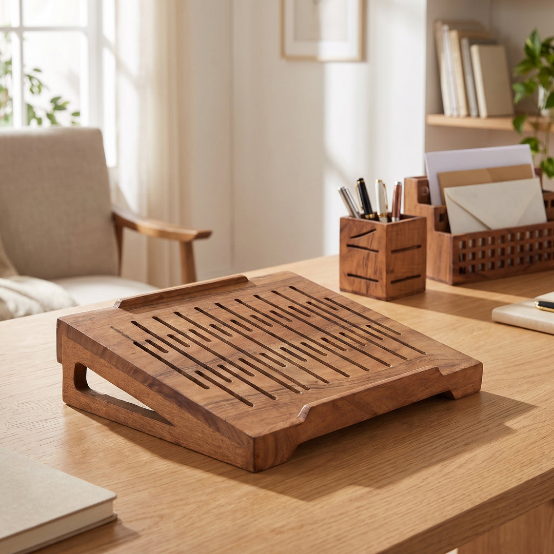 Acacia wood laptop riser styled on a modern home office desk supporting a laptop  