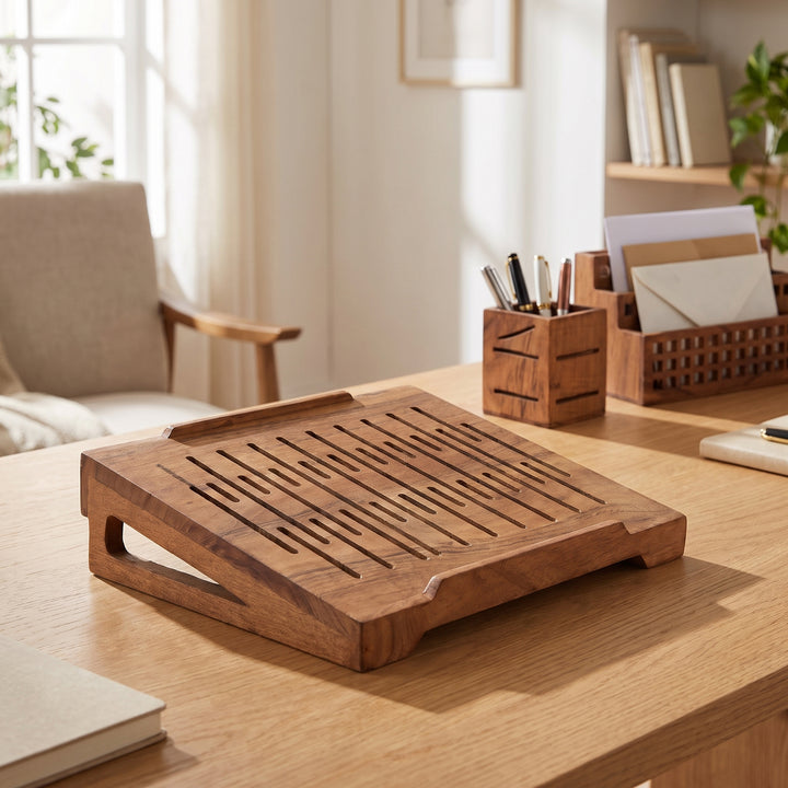 Acacia wood laptop riser styled on a modern home office desk supporting a laptop  