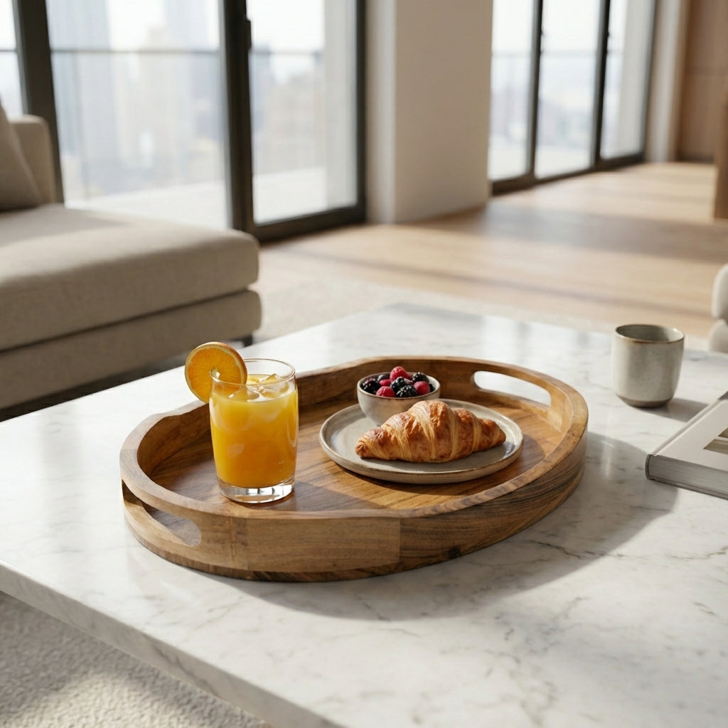 Acacia wood oval serving tray styled with drinks and snacks on coffee table
