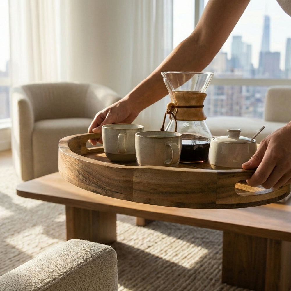 Acacia wood oval serving tray styled with drinks and snacks on coffee table