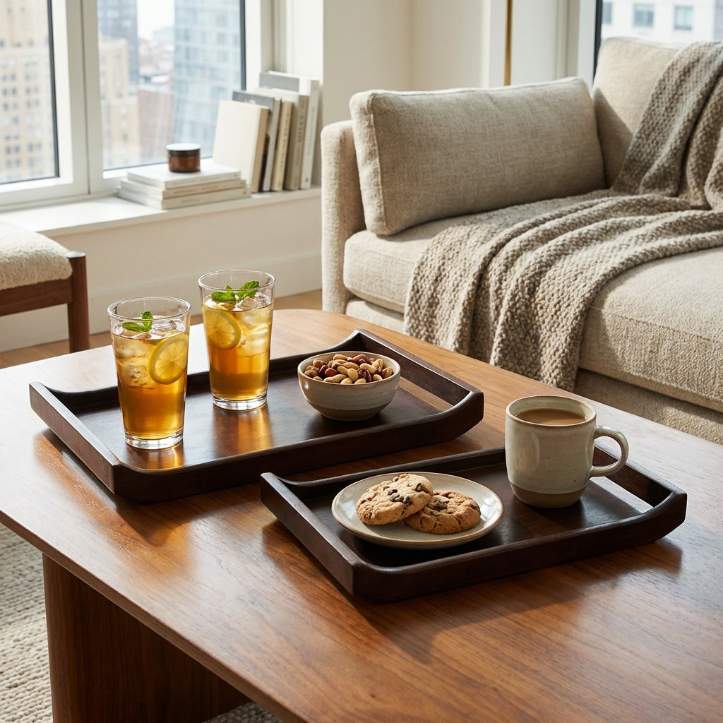 Stacked acacia wood serving trays styled on coffee table with drinks and snacks