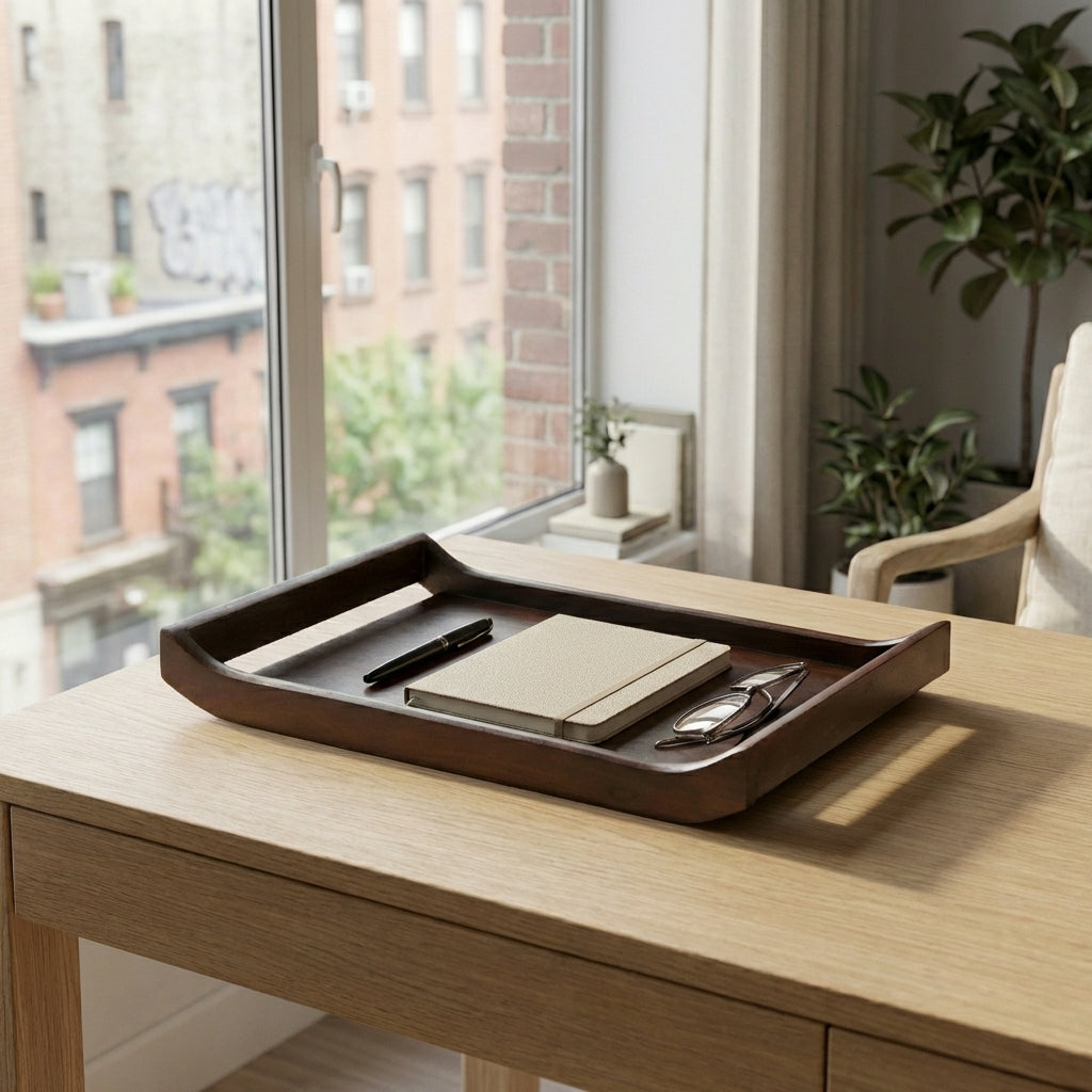 Stacked acacia wood serving trays styled on coffee table with drinks and snacks