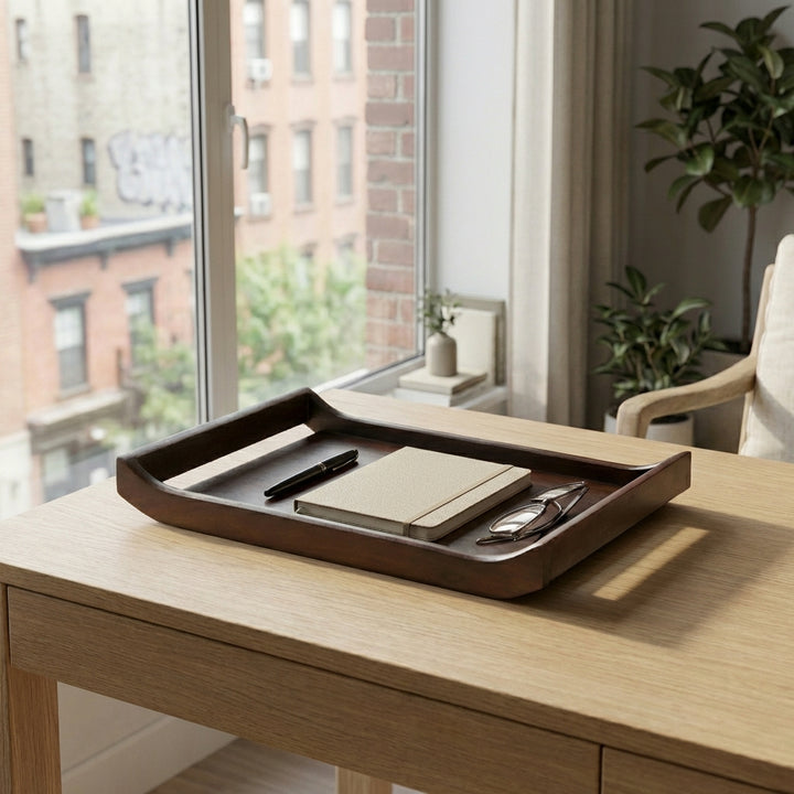 Stacked acacia wood serving trays styled on coffee table with drinks and snacks