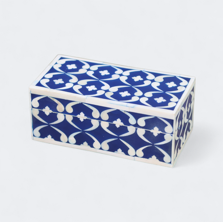 Close-up of lattice blue pattern on box