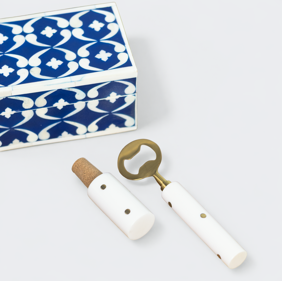 Close-up of lattice blue pattern on box and metal bar tools