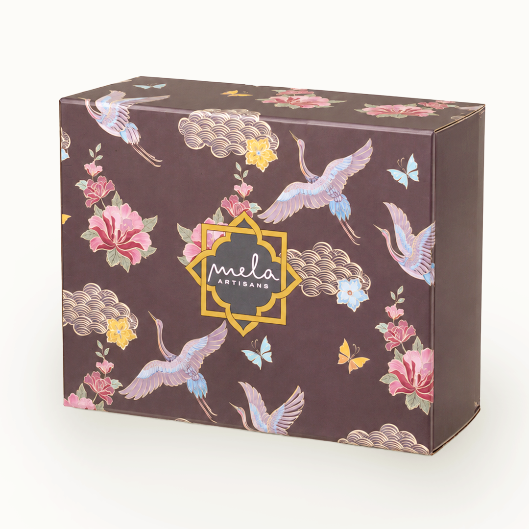 Decorative printed flat gift box with floral and bird pattern