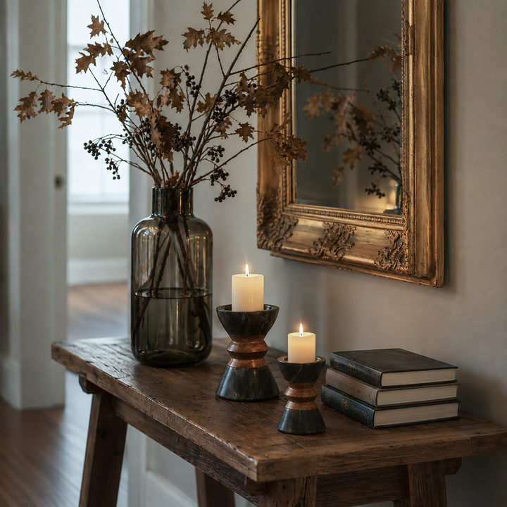 Monarch Marble & Acacia Candleholder, Black