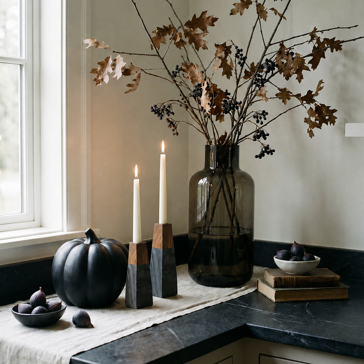 Tapered Marble & Acacia Candleholder