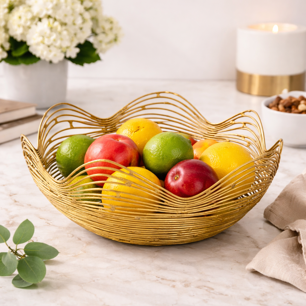gold metal fruit bowl styled on dining table with fruits
