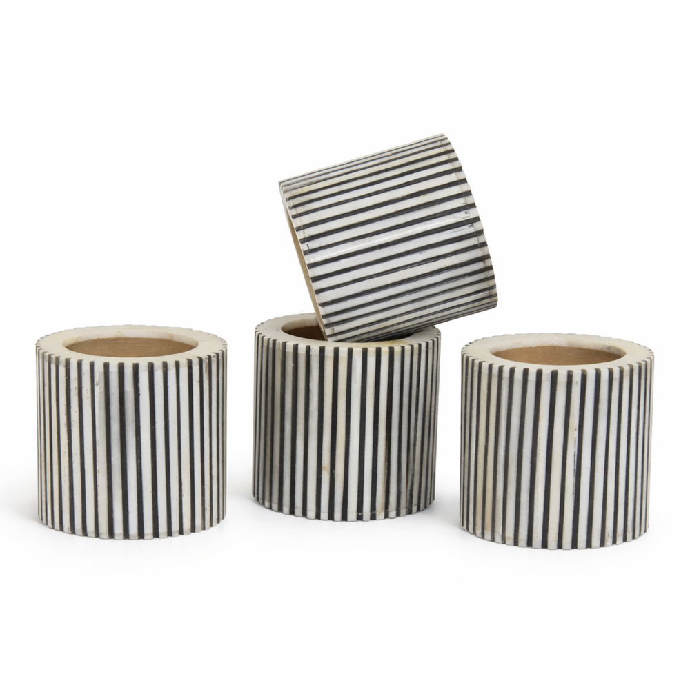 Pinstripe napkin rings set with black and grey striped pattern
