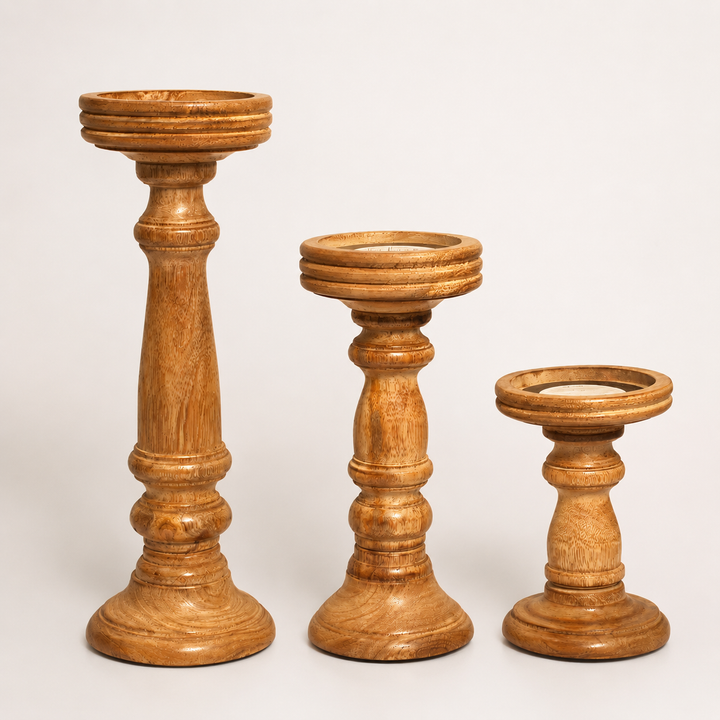 Chennai Mango Wood Candle Holders - Light Burnt , Set of 3