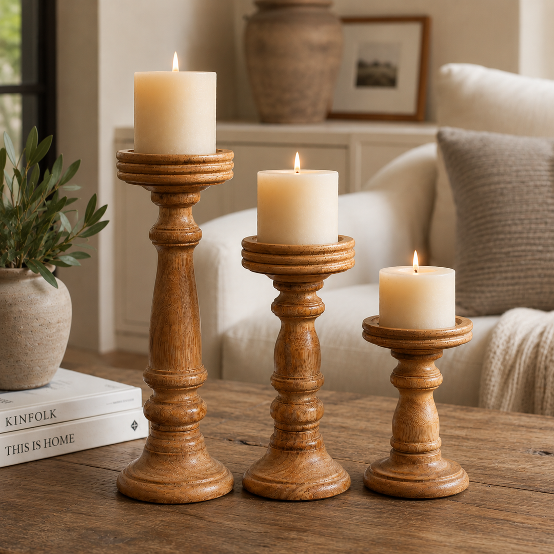 Chennai Mango Wood Candle Holders - Light Burnt , Set of 3