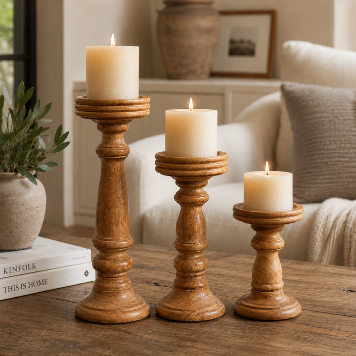 Chennai Mango Wood Candle Holders - Light Burnt , Set of 3