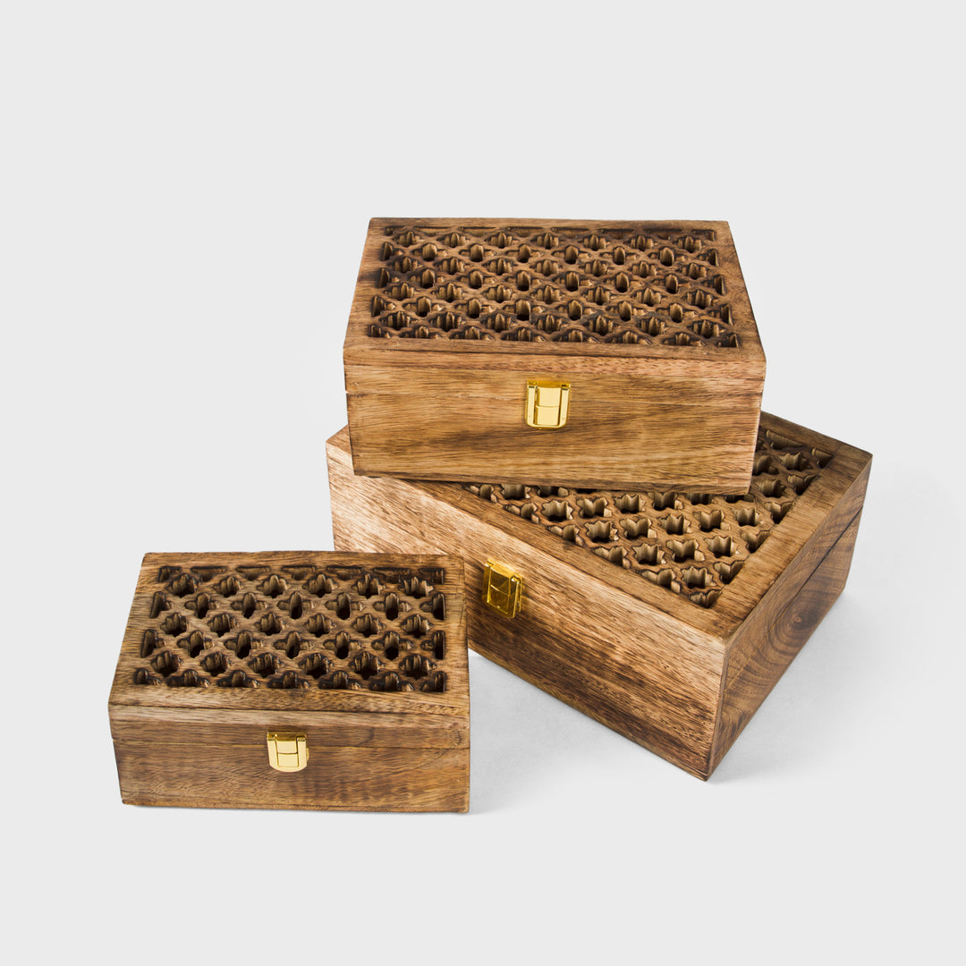 Mango Wood Trellis Keepsake Box with Compartments, Medium Burnt
