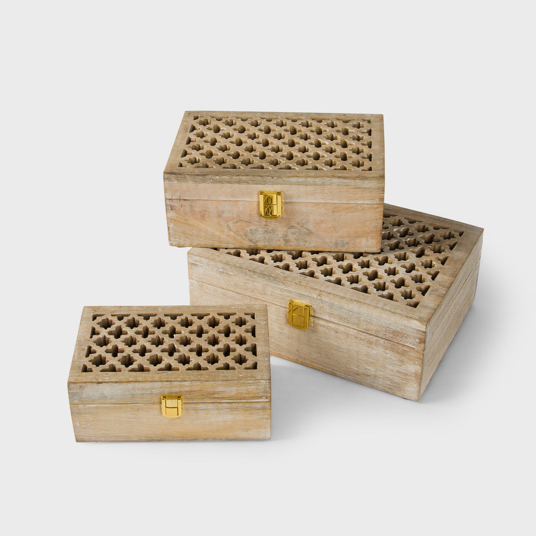 small mango wood trellis keepsake box with two compartments and whitewash finish