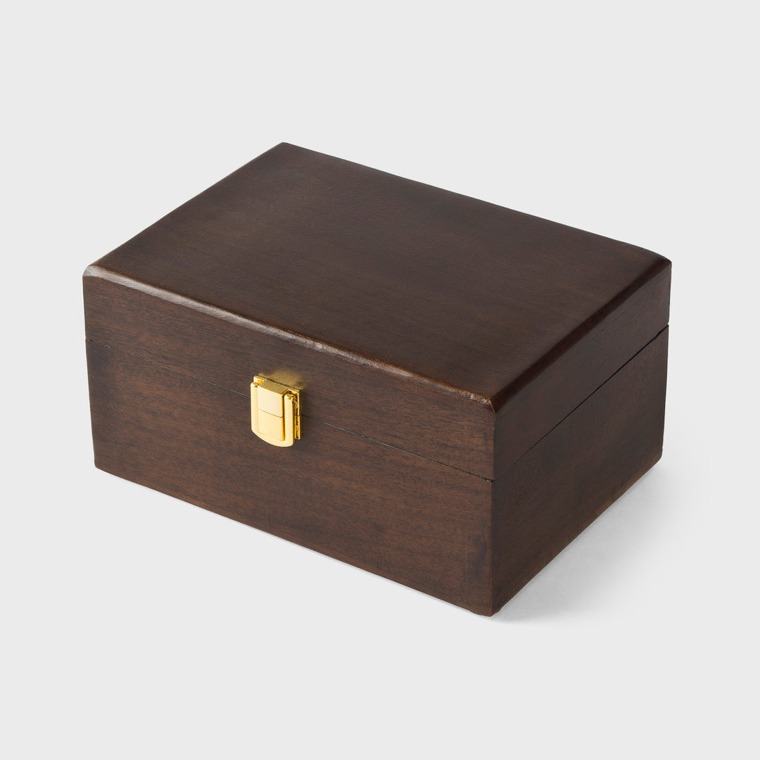 urban walnut acacia wood keepsake box with metal latch handcrafted by mela artisans
