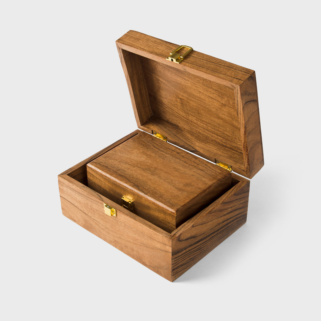 natural acacia wood keepsake box with metal latch handcrafted by mela artisans
