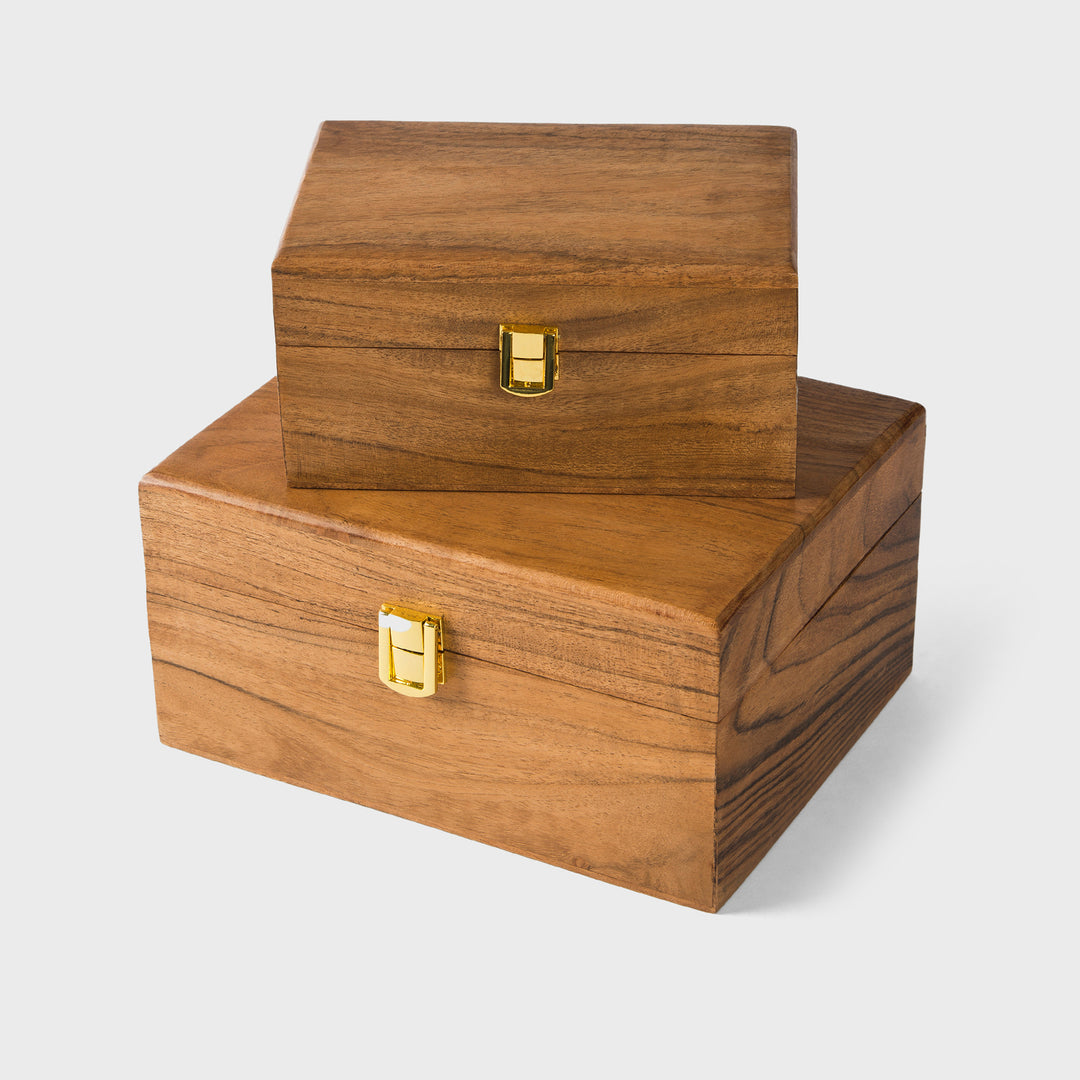 solid acacia wood keepsake box styled on dresser with jewelry and small accessories
