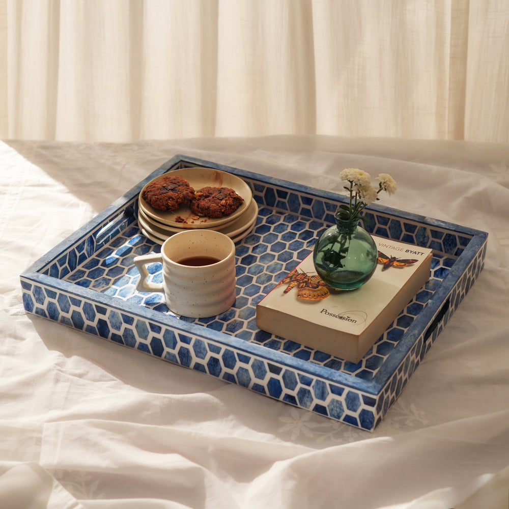 Modern blue geometric bone inlay tray for coffee table decor and artisanal home entertaining.