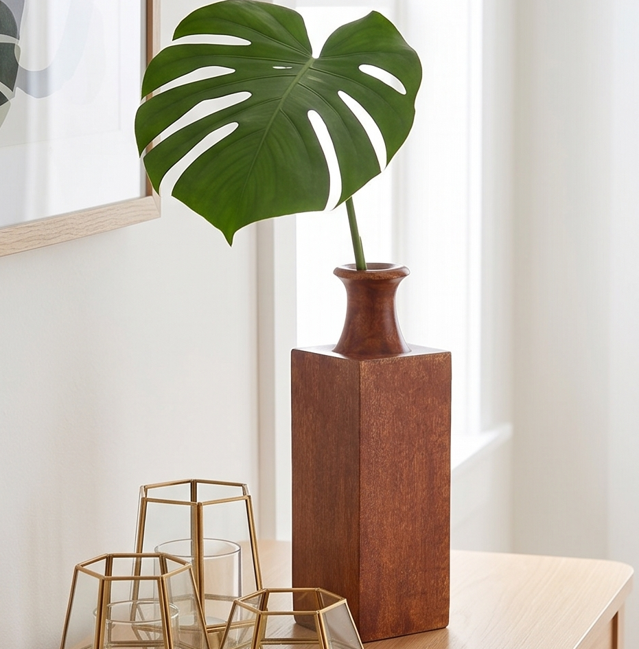 Mangowood decorative vase displayed on wooden coffee table in cozy living room settin