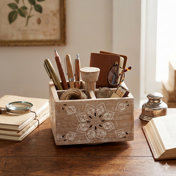 Handcrafted Mango Wood Spinning Pen Holder/Desk Organizer, Whitewash