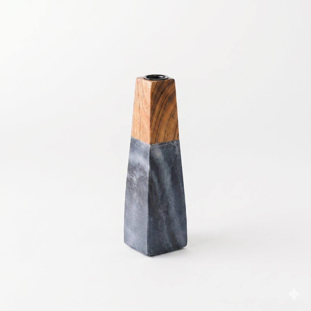 Tapered Marble & Acacia Candleholder