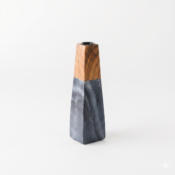 Tapered Marble & Acacia Candleholder