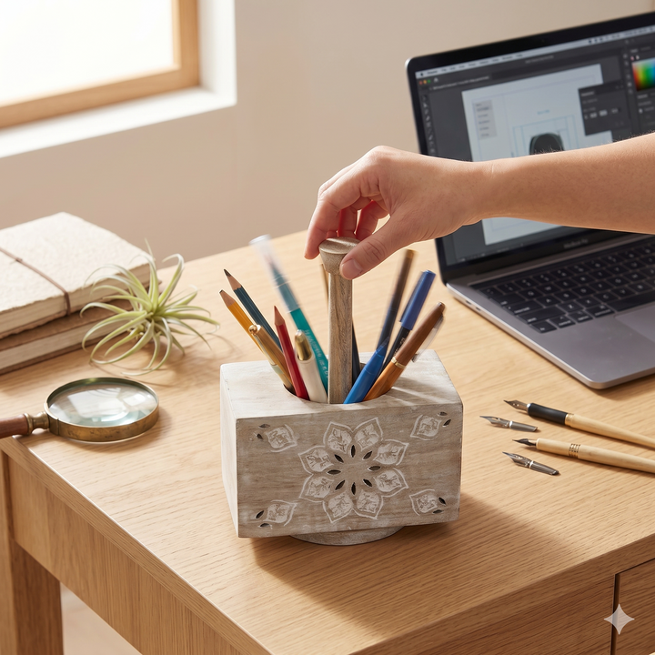 Handcrafted Mango Wood Spinning Pen Holder/Desk Organizer, Whitewash