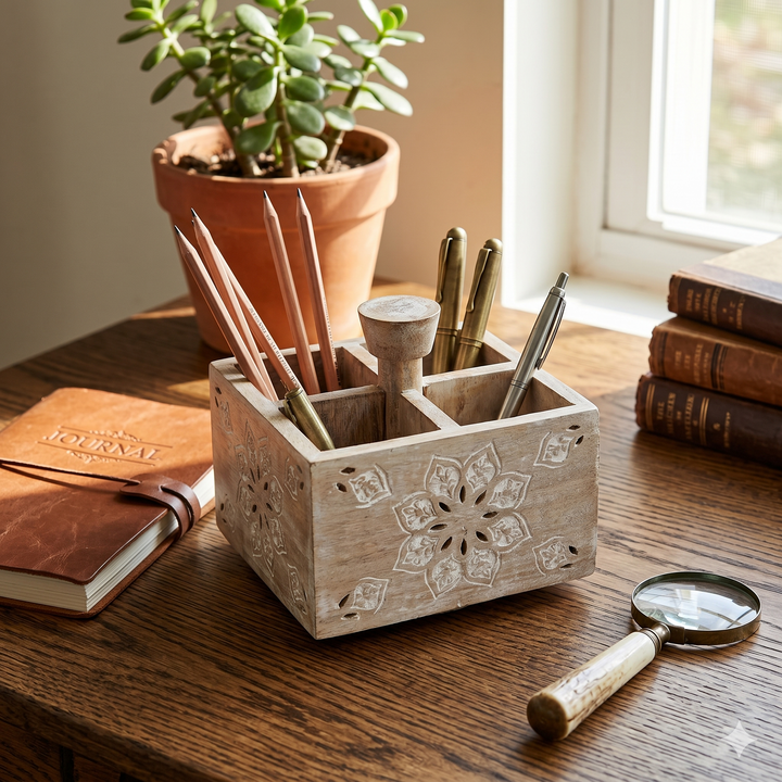 Handcrafted Mango Wood Spinning Pen Holder/Desk Organizer, Whitewash