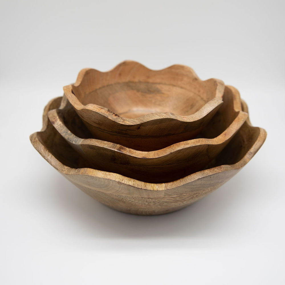 A nested set of three handcrafted mango wood bowls with decorative scalloped edges, showing the Small, Medium, and Large sizes against a plain background.