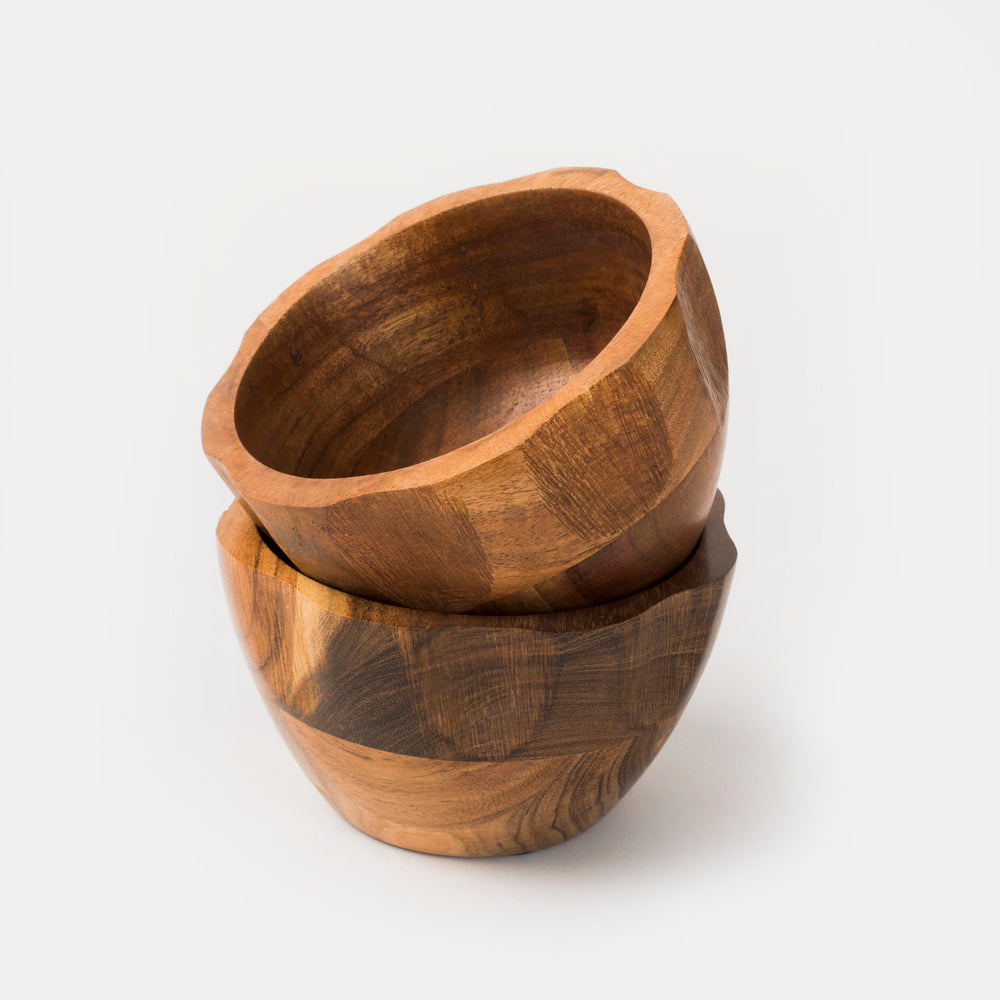 Set of two acacia wood scalloped bowls with natural finish